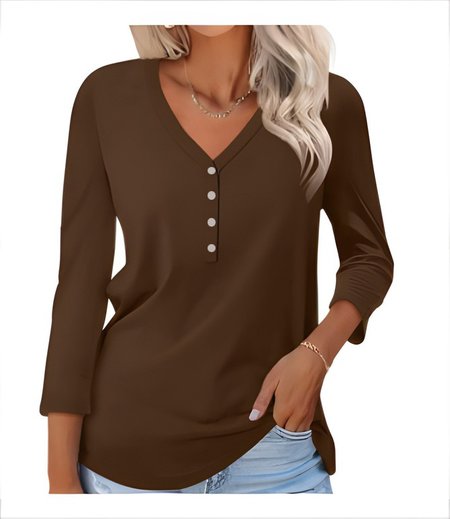 

Women Plain V Neck Casual Long Sleeve T-shirt, Brown, Long Sleeves