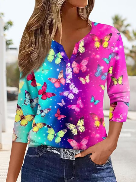 

Women's Three Quarter Sleeve Tee T-shirt Spring/Fall Butterfly Knitted Notched Daily Going Out Casual Top, Rose red, T-Shirts