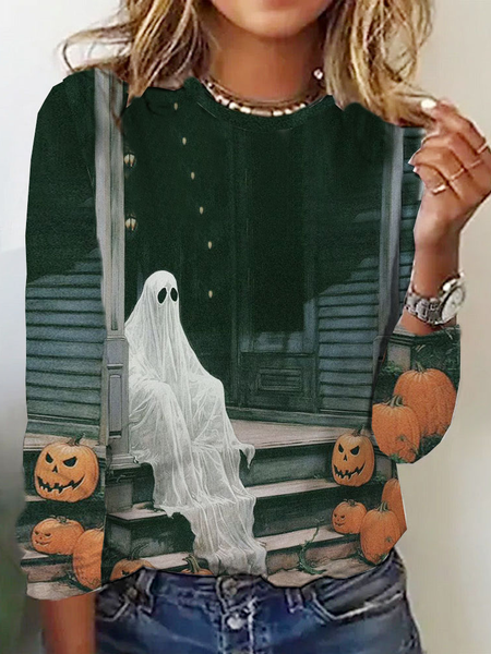 

Casual Halloween Crew Neck Long Sleeve T-shirt, Gray, T-shirts