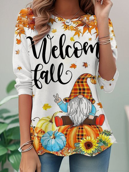 Casual Halloween Crew Neck Long Sleeve T-shirt, Orange red, T-shirts