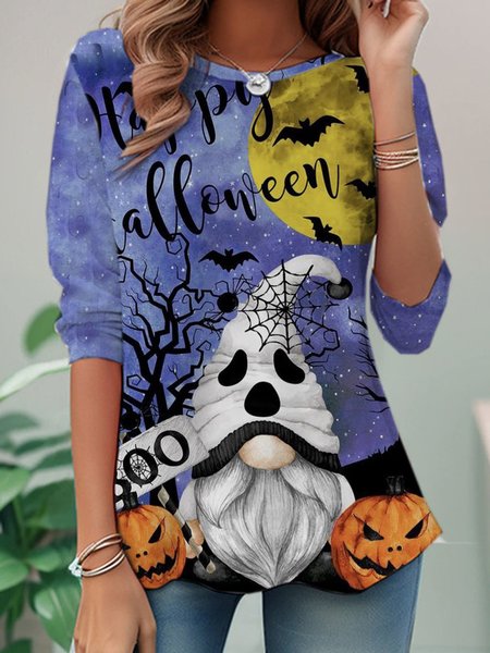 

Casual Halloween Crew Neck Long Sleeve T-shirt, Purple, T-shirts