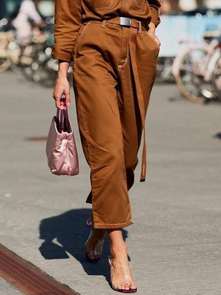 

Urban Regular Fit Plain Fashion Ankle Pants With No Belt, Brown, Pants