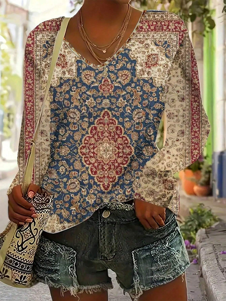 

Casual Nationality/ethnic V Neck Long Sleeve T-shirt, Blue, T-shirts
