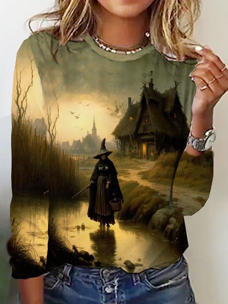 

Casual Halloween Crew Neck Long Sleeve T-shirt, Yellow, T-shirts
