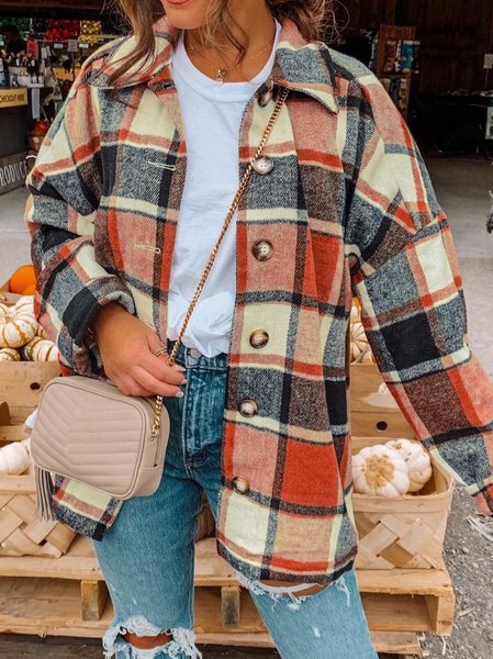 Women's Plaid Shirt Jacket Regular Loose Jacket, Orange, Jackets
