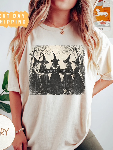 

Girls Will Be Girls Witch Funny Witch Vintage Distressed Shirt, Off white, T-shirts