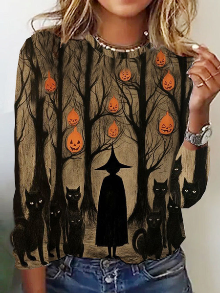 

Casual Halloween Crew Neck Long Sleeve T-shirt, Brown, T-shirts
