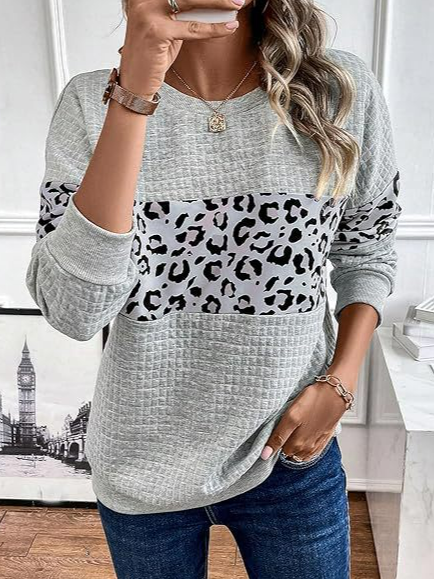 

Women's Crew Neck Leopard Split Joint Casual Spring/Fall Long Sleeve Sweatshirt, Light gray, Sweatshirts & Hoodies