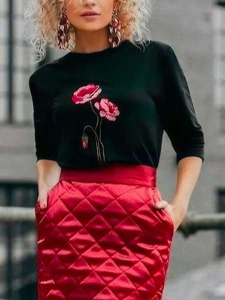 

Crew Neck Regular Sleeve Jacquard Urban Floral Sweater, Black, Pullovers