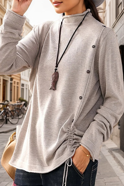 

Women Plain Stand Collar Casual Long Sleeve T-shirt, Oatmeal, Long Sleeves