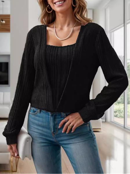 

Long Sleeve Plain Regular Loose Mock Two-Piece Blouse For Women, Black, Blouses