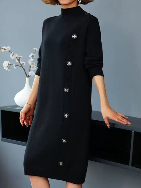 

Loose Casual Regular Sleeve Mock Neck Sweater Dress, Black, Midi Dresses
