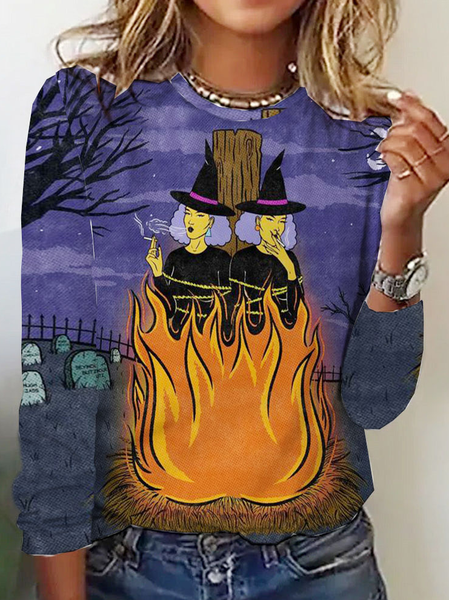 Casual Halloween Crew Neck Long Sleeve T-shirt, Purple, T-shirts