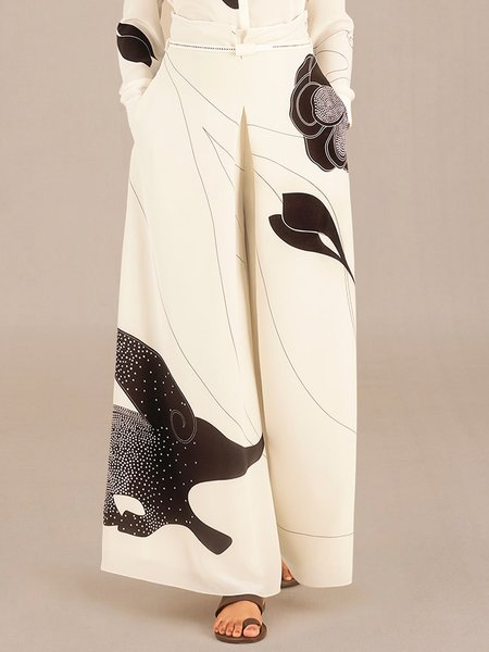 

Urban Plants Printing Wide Leg Pants, White, Pants