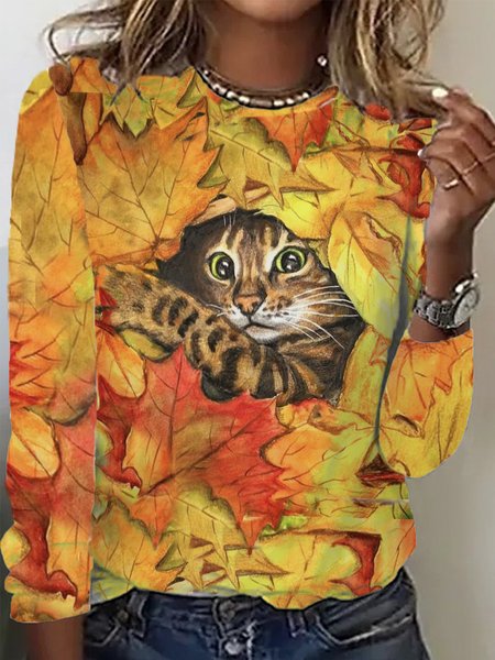 

Casual Cat Crew Neck Long Sleeve T-shirt, Orange, T-shirts