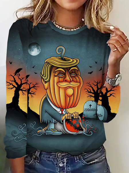 

Casual Halloween Crew Neck Long Sleeve T-shirt, Orange, T-shirts