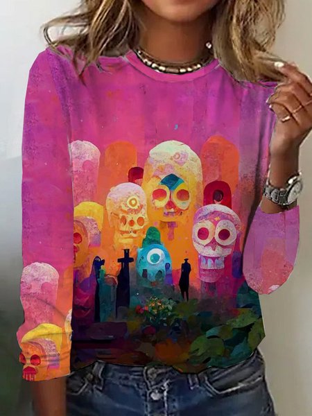 Casual Halloween Crew Neck Long Sleeve T-shirt, Pink, T-shirts