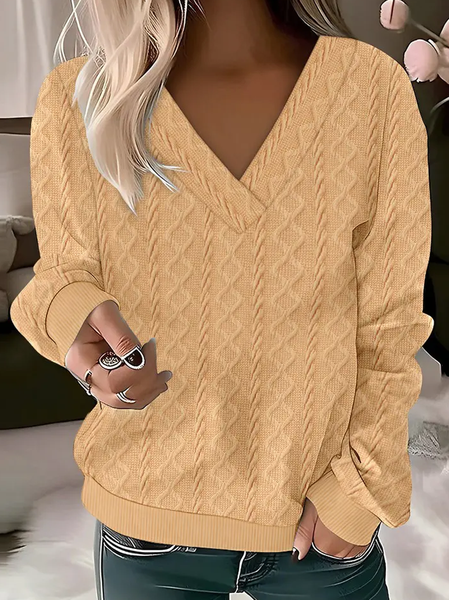Casual V Neck Plain Sweatshirt, Yellow, Hoodies & Sweatshirts