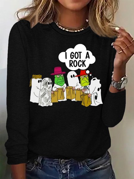 Casual Halloween Crew Neck Long Sleeve T-shirt, Black, T-shirts