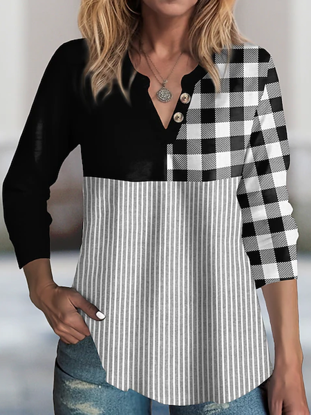 

V Neck Long Sleeve Striped Regular Micro-Elasticity Loose Blouse For Women, Black, Blouses