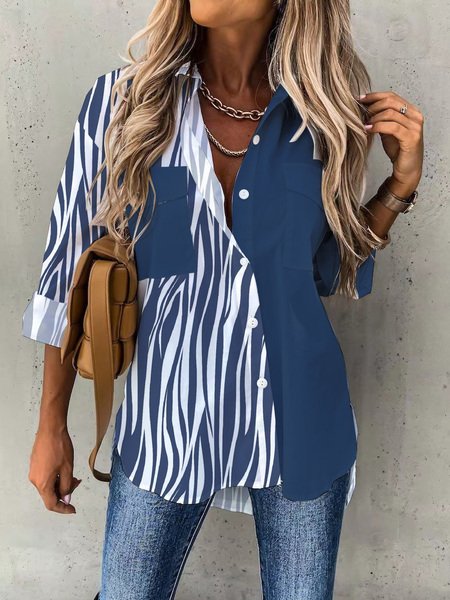 

Shirt Collar Long Sleeve Striped Regular Loose Shirt For Women, Blue, Shirts