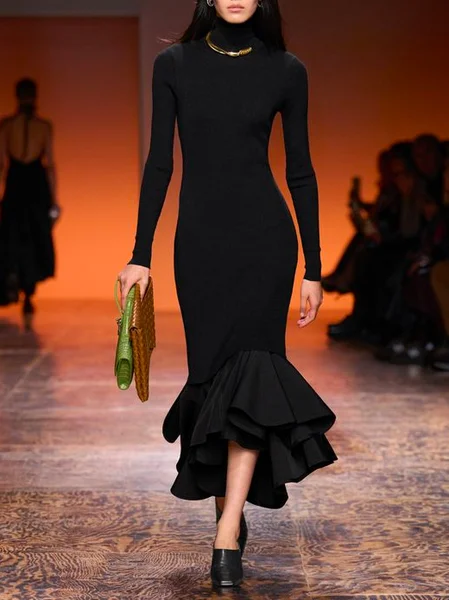 

Regular Sleeve Plain Urban Turtleneck Tight Dress, Black, Midi Dresses