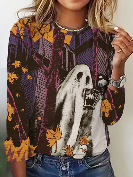 

Casual Halloween Crew Neck Long Sleeve T-shirt, Purple, T-shirts