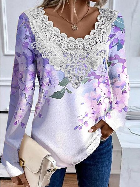 Long Sleeve Floral Lace Regular Loose Blouse For Women, Purple, Blouses