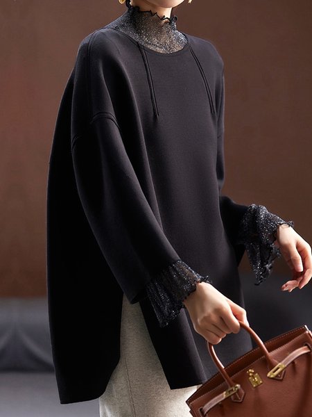 

Crew Neck Daily Loose Plain Side-Slit Blouse, Black, Blouses and Shirts