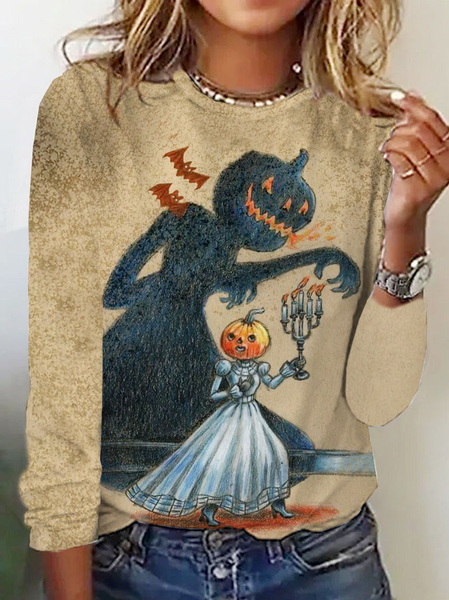 

Casual Halloween Crew Neck Long Sleeve T-shirt, Khaki, T-shirts