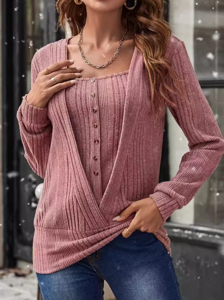 

Long Sleeve Plain Regular Loose Mock Two-Piece Blouse For Women, Pink, Blouses