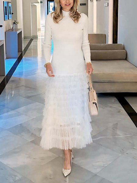 

Regular Fit Long Sleeve Stand Collar Plain Elegant Maxi Dress, White, Maxi Dresses