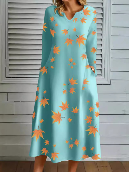 Women Leaf Crew Neck Long Sleeve Comfy Casual Midi Sweater Dress, Green, Dresses