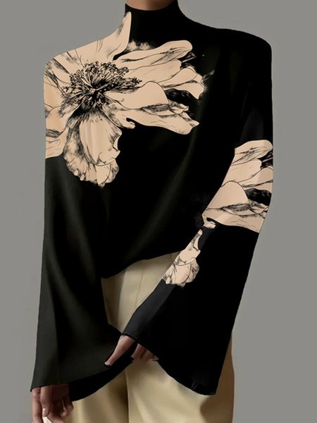 

Bell Sleeve Printing Urban Floral Loose Blouse, As picture, Blouses and Shirts