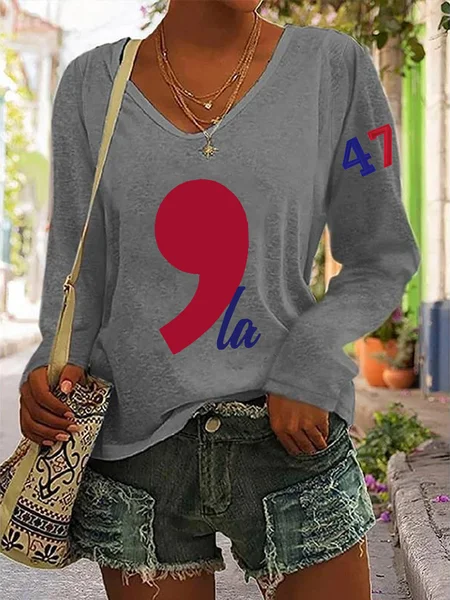 

La 47 Print Casual V-Neck Long Sleeve Shirt, Gray, Long sleeves
