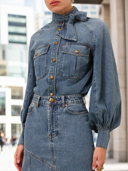 

Casual Regular Fit Plain Regular Sleeve Denim Shirt, Blue, Blouses and Shirts