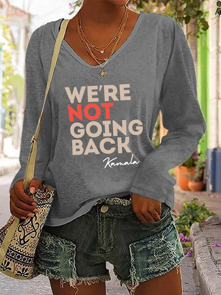 

We Are Not Going Back Kamala Casual V-Neck Long Sleeve Shirt, Gray, Long sleeves