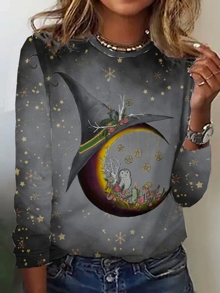 Casual Halloween Crew Neck Long Sleeve T-shirt, Gray, T-shirts