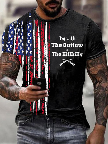 

Men's The Outlaw and The Hillbilly Print Color Block Crew Neck Casual Short Sleeve T-Shirt, Black, T-shirts
