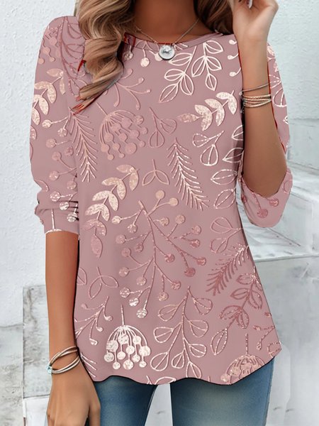 

Women's Branches Long Sleeve Floral Tee T-shirt Crew Neck Casual Spring/Fall Top, Pink, T-Shirts