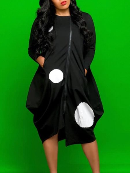 

Casual Polka Dots Crew Neck Loose Dress, Black-white, Midi Dresses