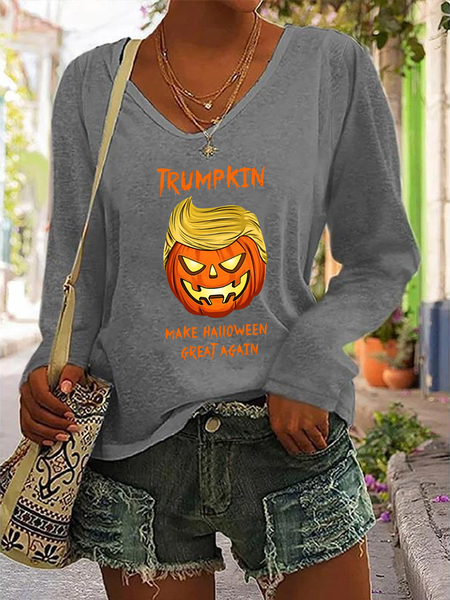 

Make Halloween Great Again Casual V-Neck Long Sleeve Shirt, Gray, Long sleeves