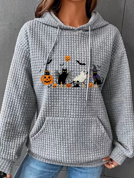 

Ghost Cat Halloween Simple Loose Hoodie, Gray, Hoodies&Sweatshirts