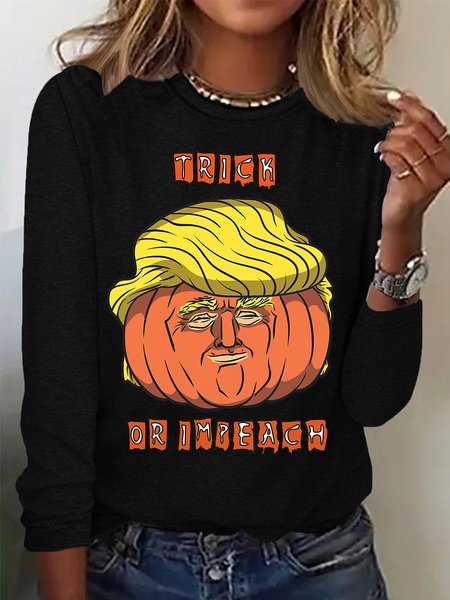 Casual Halloween Crew Neck Long Sleeve T-shirt, Black, T-shirts