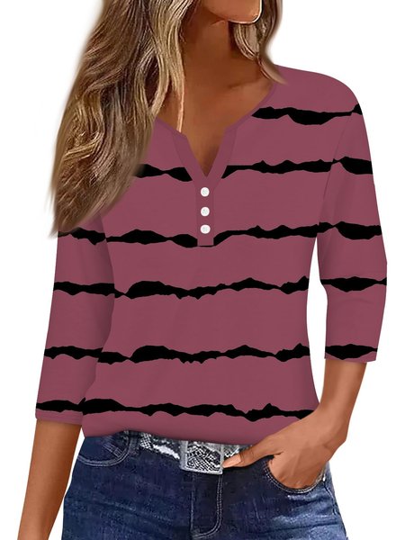 

Women's Three Quarter Sleeve Tee T-shirt Spring/Fall Abstract Stripes Jersey Notched Daily Going Out Casual Top Green, Fuchsia, T-Shirts