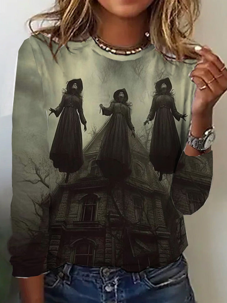 

Casual Halloween Crew Neck Long Sleeve T-shirt, Gray, T-shirts
