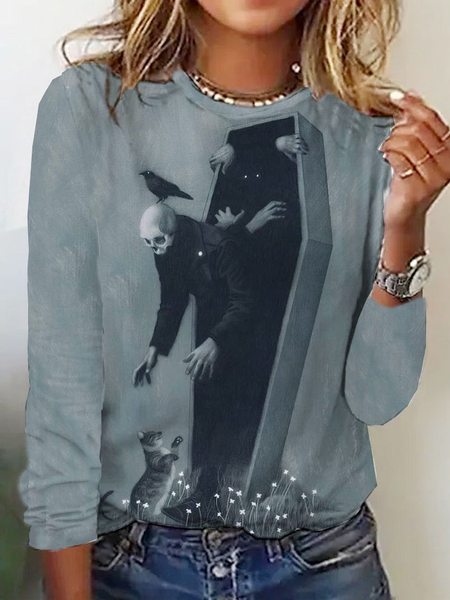 

Casual Halloween Crew Neck Long Sleeve T-shirt, Gray, T-shirts