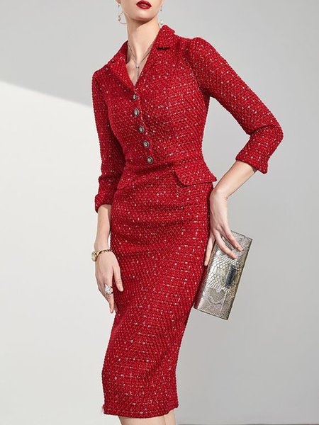

Regular Sleeve Plain Lapel Collar Elegant Dress, Red, Midi Dresses