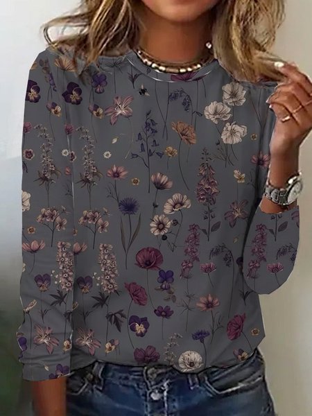 

Casual Floral Crew Neck Long Sleeve T-shirt, Gray, T-shirts