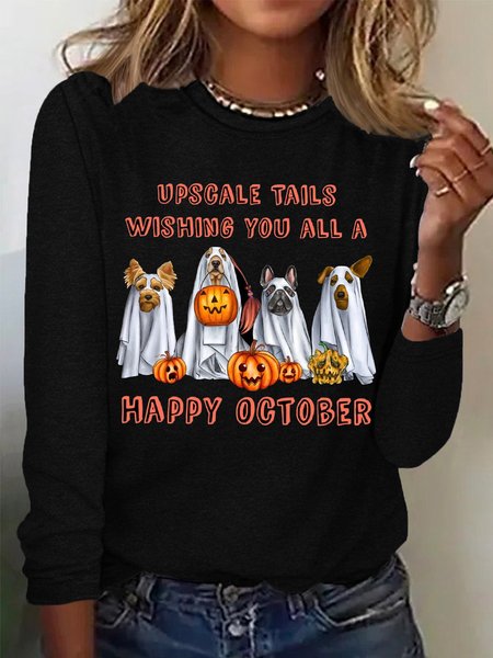 

Casual Halloween Crew Neck Long Sleeve T-shirt, Black, T-shirts
